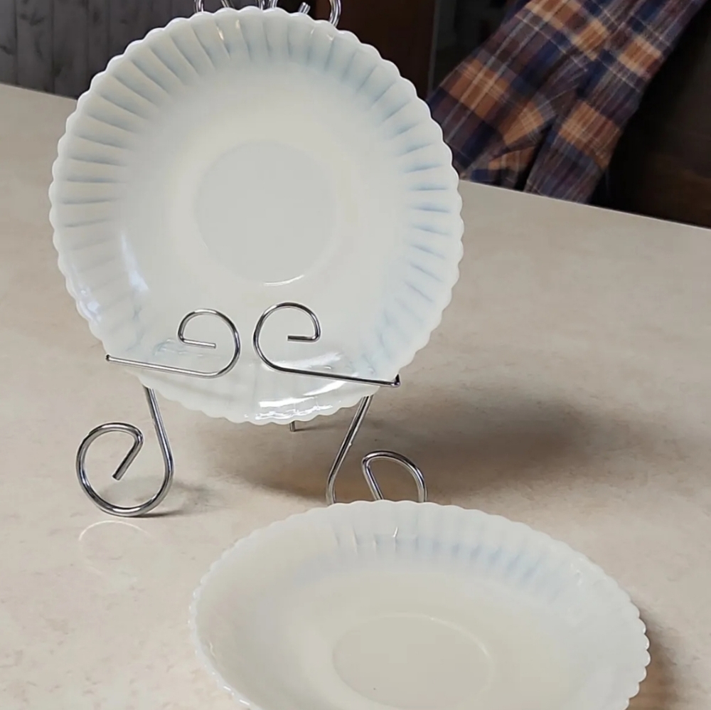2 Macbeth Evans Monax Petalware Alacite 6" Saucers Cream w Blue Hue